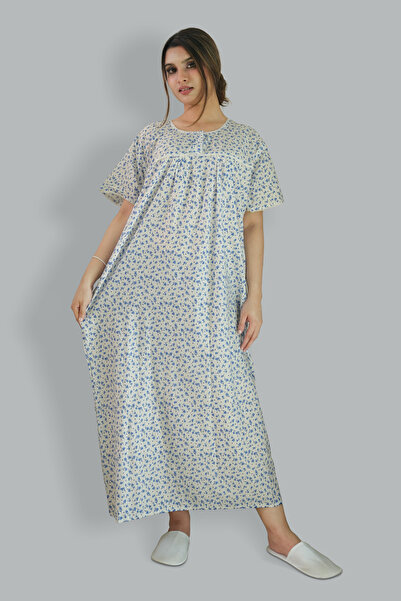 Comfort Over Everything Printed Cotton Blue Nighty - Round Lace Neck
