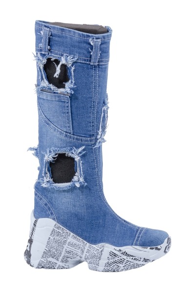 Butik Jeanolog Ripped Below-Knee Denim Boots Wedge Heel Orthopedic Sole