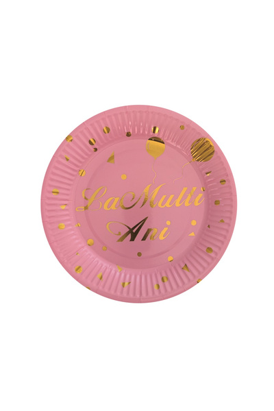 Mirific Party Set of 8 cake plates, pink and gold, 18 cm, "Happy Birthday"
