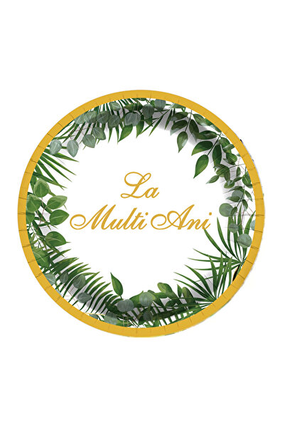 Mirific Party Set of 8 cake plates, white/green/gold, 18 cm, Happy Birthday