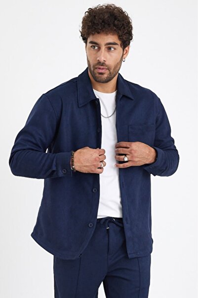 MADZEYMODA New Season Men's Single Pocket Scuba Navy Blue Suede Shirt Mz19811