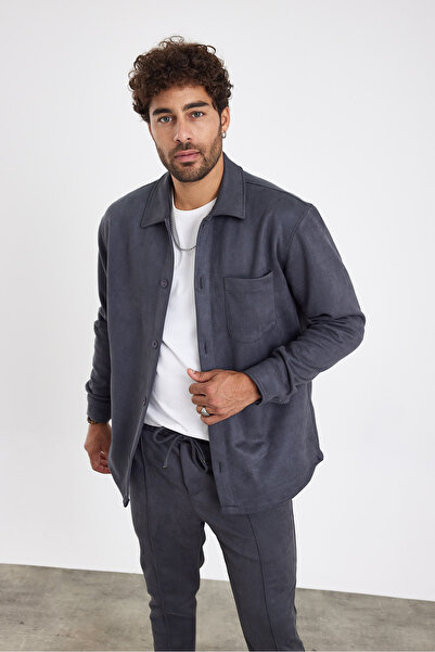 MADZEYMODA New Season Men's Single Pocket Scuba Gray Suede Shirt Mz19811