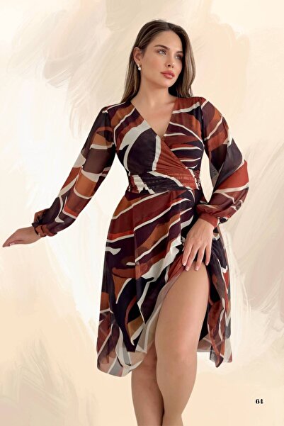 Moda Amore Modern Patterned V-Neck Midi Dress - Chiffon for All Sizes K Double-Breasted 2687