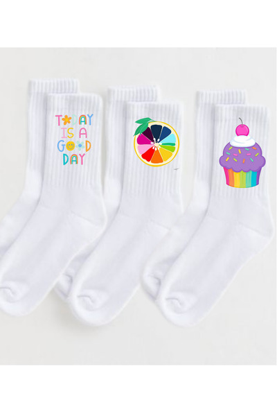 Tubinyoo اللون الأبيض اليوم هو يوم جيد، كعكة صغيرة، شرائح ملونة، مطبوع جوارب