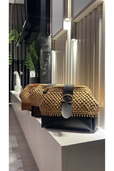 WOMANBAG Handmade Wicker Clutch with Leather Accessories (Black Wicker Color)