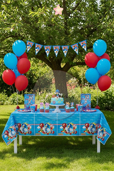 Umamiçe مجموعة سونيك ميني للحفلات - مفرش طاولة + راية + 5 بالونات زرقاء معدنية + 5 بالونات حمراء معدنية