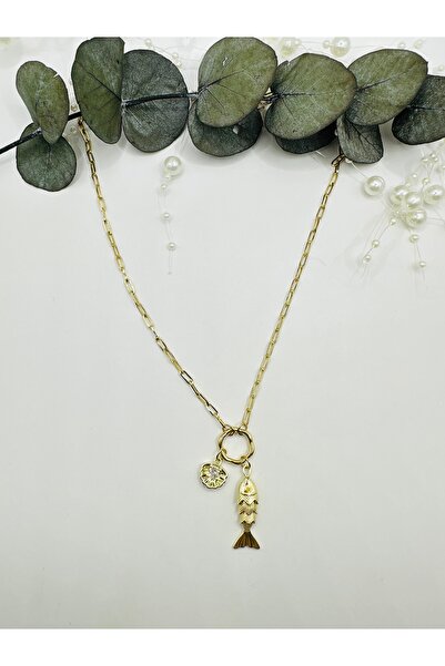 stainless steell 316L Çelik Gold Zirkon Taşlı Balıklı Şans Kolyesi