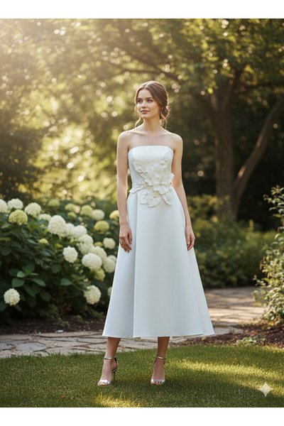 MHM STUDIO Özel Tasarım Merve Hamamcı Bridal beyaz midi boy özel yapım çiçekli nişan nikah after parti elbise