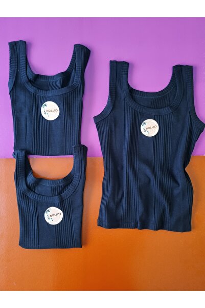 Demirsa Boutique Cotton Combed Ribbed Knit Fabric Thick Straps Oval Neck Black Color Women's 3-Piece Undershirt