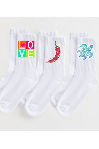 Tubinyoo White Colored Love & Pepper & Karetta Printed Socks