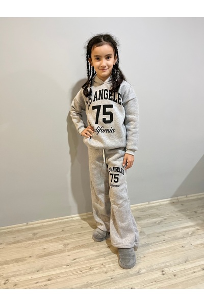 YUMİYUMM 3-10 Years Old Girl Child 3 Thread Fleece-Lined Los Angeles Printed Hooded Gray Winter Tracksuit Set