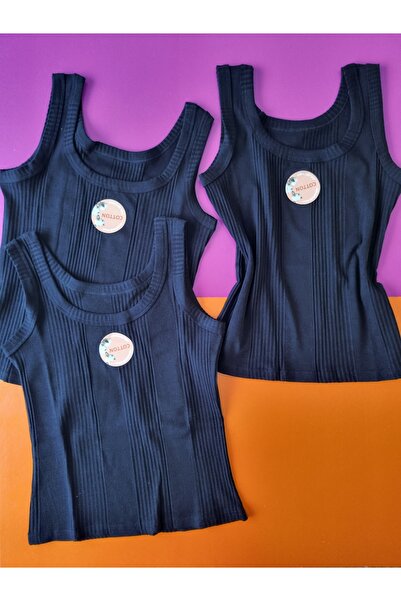 Demirsa Boutique Cotton Combed Ribbed Knit Fabric Thick Straps Oval Neck Black Color Women's 3-Piece Undershirt