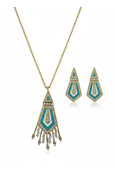 BuradaBuldun Turquoise Stone Geometric Pattern Steel Necklace and Earring Set