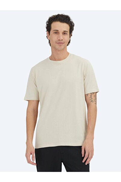 Kip Beige Plain Crew Neck 100% Cotton T-Shirt