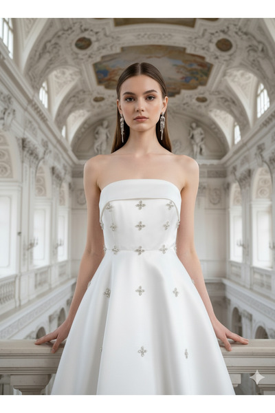 MHM STUDIO Beyaz Parlak Gelinlik Kumaşı Midi Boy Taşlı Zarif Nişan Söz Nikah Elbisesi