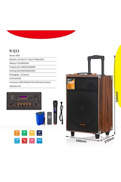 BAAB B-Q12 Trolley Bluetooth Speaker with Wireless Microphone and 12-inch External Speaker