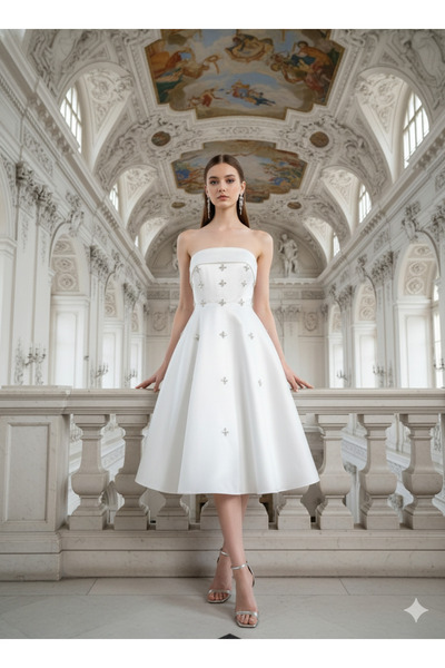 MHM STUDIO Beyaz Parlak Gelinlik Kumaşı Midi Boy Taşlı Zarif Nişan Söz Nikah Elbisesi