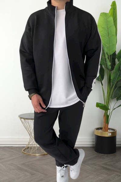 BİRBEYSTORE Lower Upper Set Striped Detail Scuba Tracksuit Set Zippered Comfortable Fit Elastic Waist