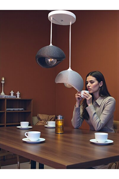 Dropcek eticaret İkili Siyah Gri Beton Görünümlü Modern Sarkıt Avize, Vegan, Toz Tutmayan Salon, Oturma odası