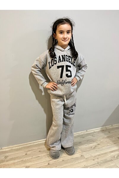 YUMİYUMM 3-10 Years Old Girl Child 3 Thread Fleece-Lined Los Angeles Printed Hooded Gray Winter Tracksuit Set