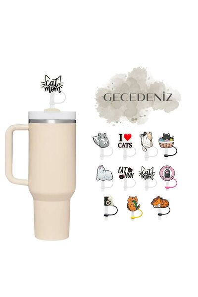 GECEDENİZ Thermos Compatible Straw Stopper Cat Mom 2 Black White