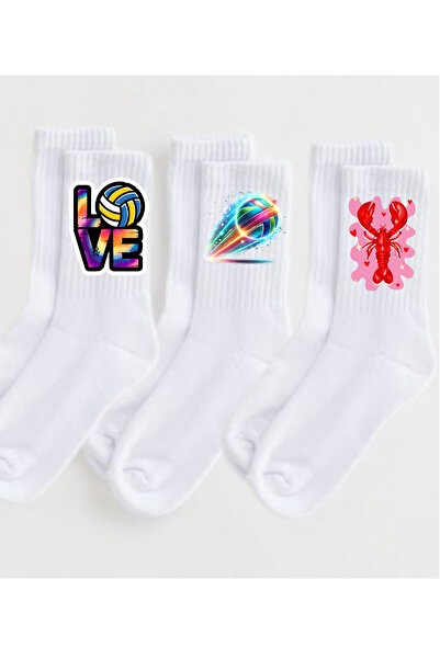 Tubinyoo White Colored Volleyball Ball Printed Socket Socks