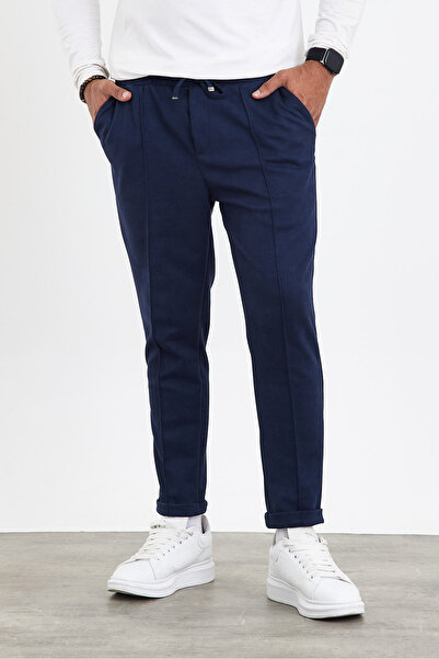 MADZEYMODA New Season Men's Suede Double Leg Detail Navy Blue Trousers Mz22036