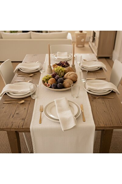 MiniStand Raw Cloth Fabric Country Style Runner 35X210 cm and Set of 6 Napkins - Natural 100% Cotton Tableware