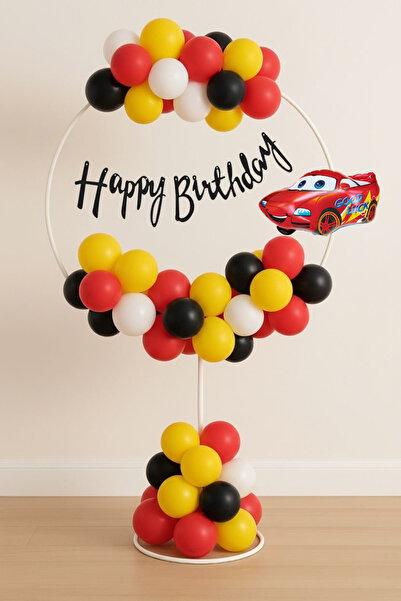 LOTUS PARTY مجموعة عيد ميلاد بتصميم سباق السيارات مع حامل - بالون رقائقي على شكل سيارة سباق - بالونات حمراء وصفراء وسوداء بتصميم سباق