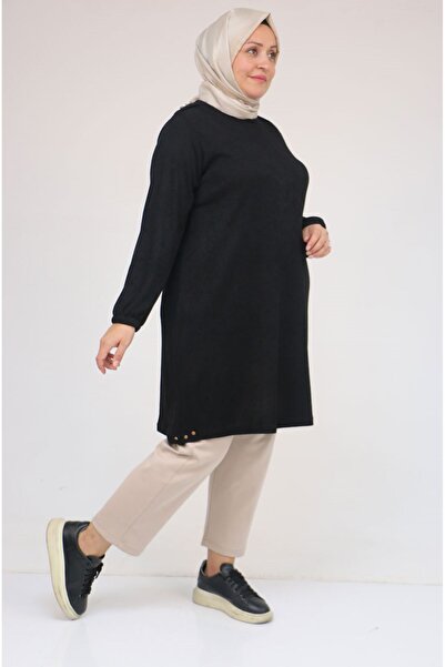 Eslina 58155 Plus Size Mir Tunic with Elasticated Sleeves and Rivets - Black