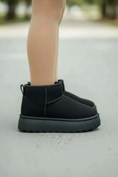 NAVİSHOES Μαύρα παιδικά γούνινα μποτάκια με χοντρό τακούνι από σουέτ κοντά στον αστράγαλο UG02