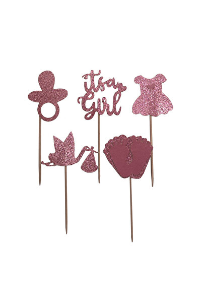Mirific Party Set of 5 decorative toothpicks, pink, 13.8×6 cm, with glitter, baby girl