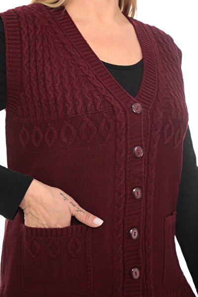 İKSUN Women's Buttoned Pocketed V-Neck Knitted Wool Mother Knitwear Winter Vest