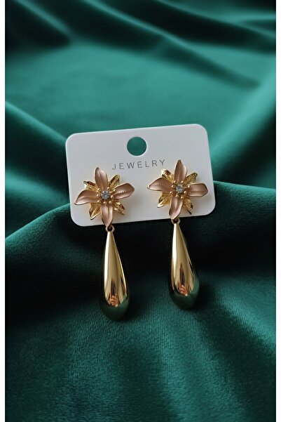 Jewerly 🌟 Işıltılı Çiçekten Damla: Gold Tonlarda Sallantılı Küpe