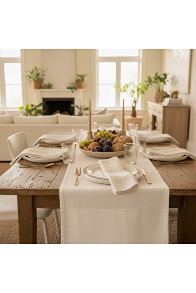 MiniStand Raw Cloth Fabric Country Style Runner 35X210 cm and Set of 6 Napkins - Natural 100% Cotton Tableware