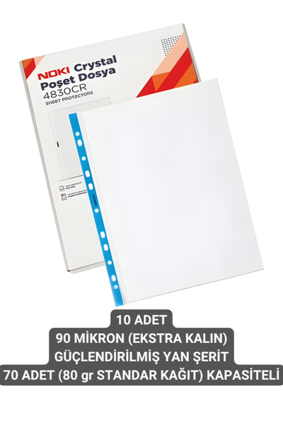 Noki Cristal Ekstra Kalın 90 Mikron Mavi Şeritli Şeffaf Dosya 10'lu Paket