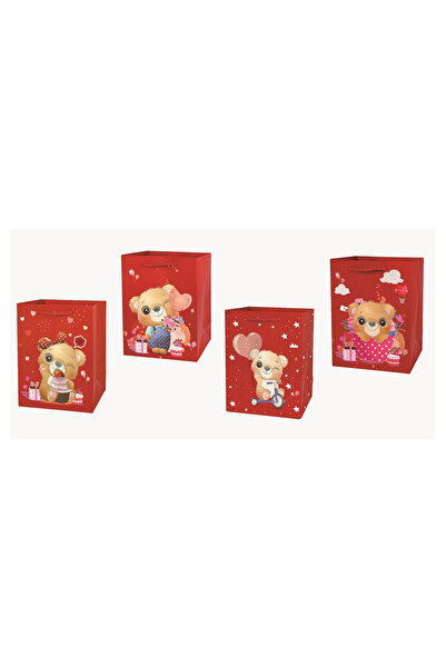 Mirific Party Set de 4 pungi cadou roșii, 23 x 18 x 10 cm, ursuleț de pluș