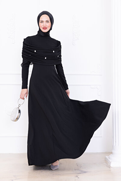 sedadenizstore TESETTÜR ABİYE ELBİSE -İNCİ DETAYLI ŞAL YAKALI