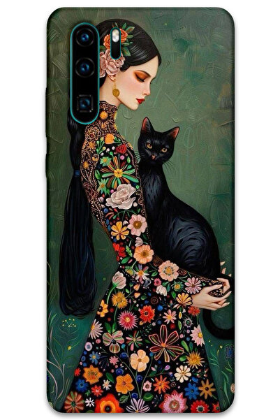 MRCİLETİSİM غطاء خلفي لهاتف هواوي بي 30 برو بنمط اتش دي مطبوع - قطة سوداء