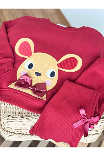 Pinkitokids Little Cute Mouse Embroidery and Bow Detail Sweatshirt and Flared Leggings Set