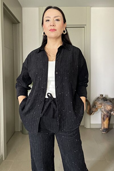 Butik Didem Sakinci Set pantaloni cămașă cu sclipici din catifea brodată cu paiete