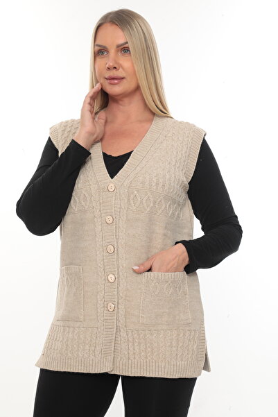 İKSUN Women's Buttoned Pocketed V-Neck Knitted Wool Mother Knitwear Winter Vest