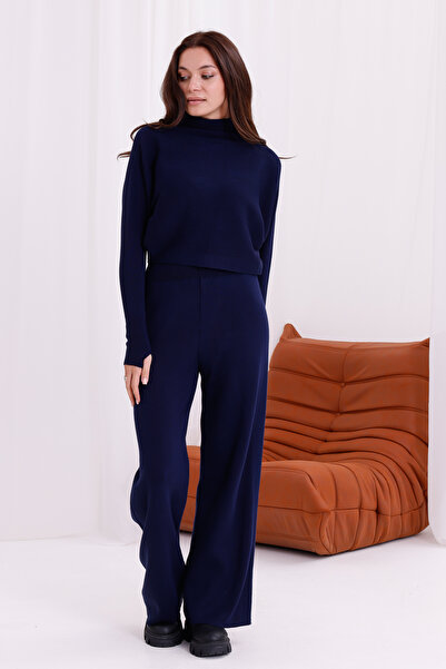 BLUSS Women's Turtleneck Knitwear Set Crop Sweater & High Waist Wide Leg Slip-On