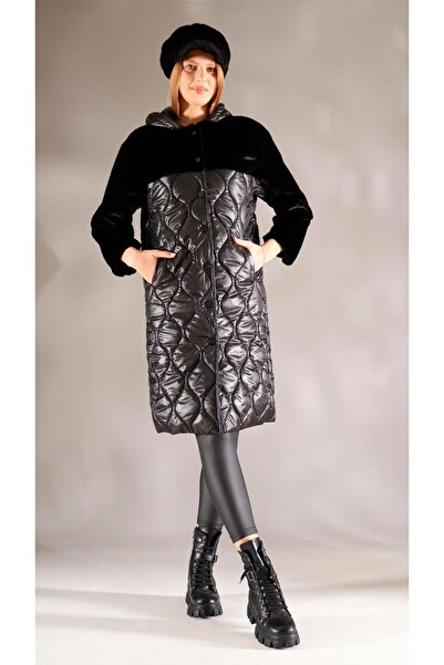 shE tekstil Плюшевий капюшон з капюшоном, довгий пальто, чорний