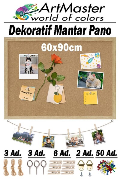 Artmaster Mantar Pano Ahşap Çerçeve Duvara Monte 60x90 cm 1 Adet Harita Çivis...