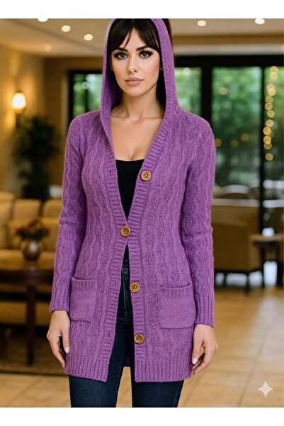 rushana Women's Hooded Pocket Hair Braid Knitwear Cardigan