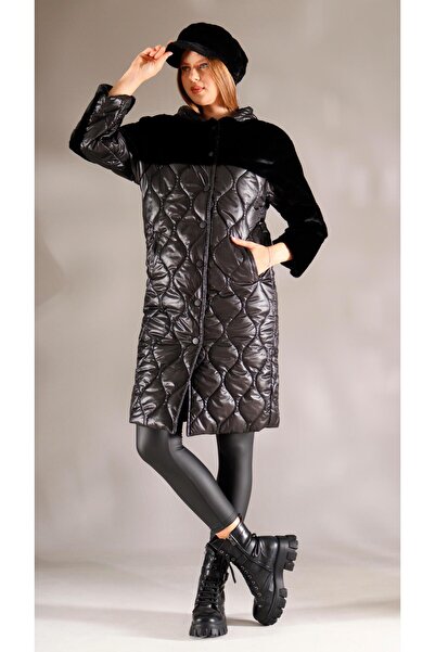 shE tekstil Плюшевий капюшон з капюшоном, довгий пальто, чорний