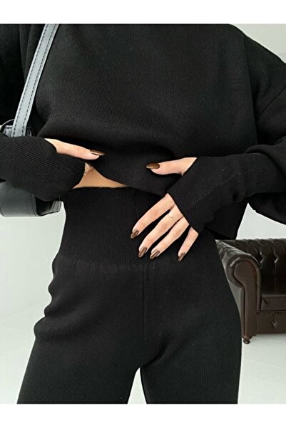 BLUSS Women's Turtleneck Knitwear Set Crop Sweater & High Waist Wide Leg Slip-On