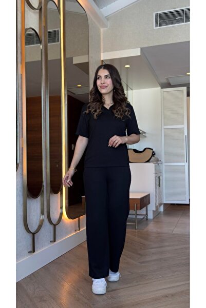 JANES Women's Short Sleeve Collared Viscose Two Thread Blouse and Pants Two Piece Set