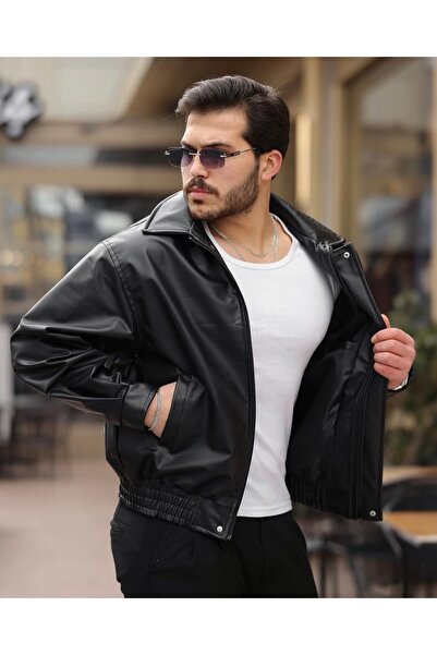 ATKGİYİM سترة رجالية سوداء مظهر جلدي بومبر - بسحاب عادي/ مقاس قصة فضفاضة